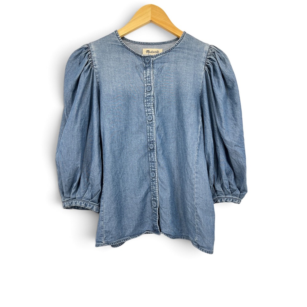 Madewell Denim Puff Sleeve Button Front Top Medium Wash Blouse Blue Size 2